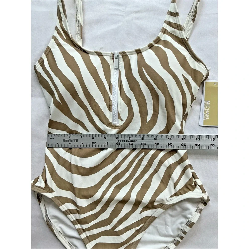 NEW Michael Kors Women's One Piece Swimsuit Size 10 Tan White Zebra Print Zipper